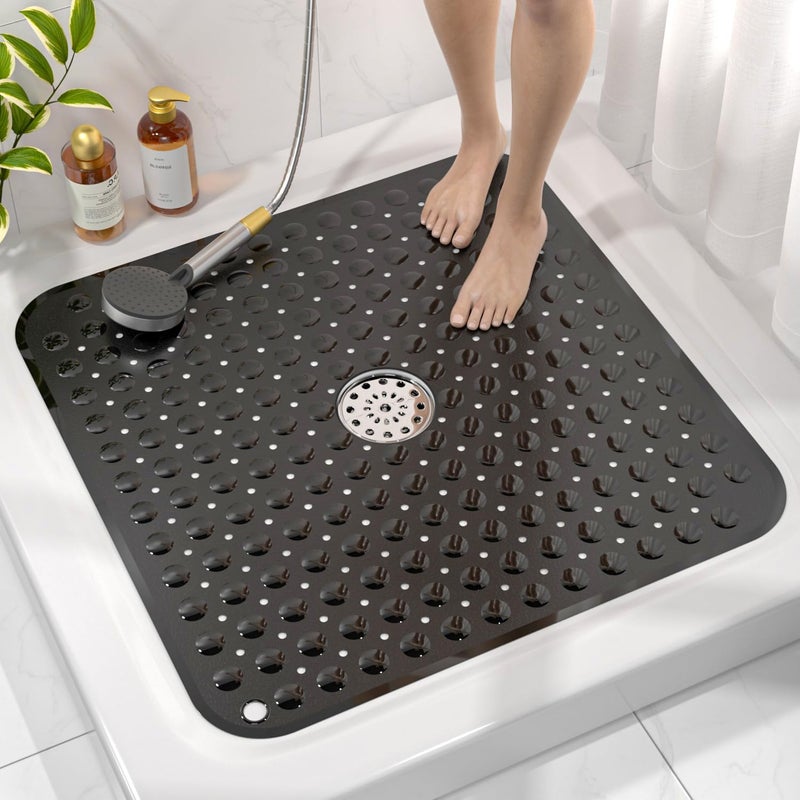 HITSLAM Shower Bathtub Mat Non Slip, 24"x 24" Bath Mat for Tub, Soft PVC Shower Mats for Inside Shower with Suction Cups and Center Drain Hole, Machine Washable Bathroom Floor Mat, Black - Image 1